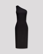 Asymmetrisches Kleid mit skulpturaler Schulterlinie und drei feinen Falten für eine fliessende Drapierung. Figurformende Abnäher vorn und hinten betonen eine elegante Silhouette. Unter dem Knie endend, mit rückwärtigem Gehschlitz für Bewegungsfreiheit. Nahtverdeckter Reissverschluss an der Seite und Blindsaum für ein puristisches Finish.